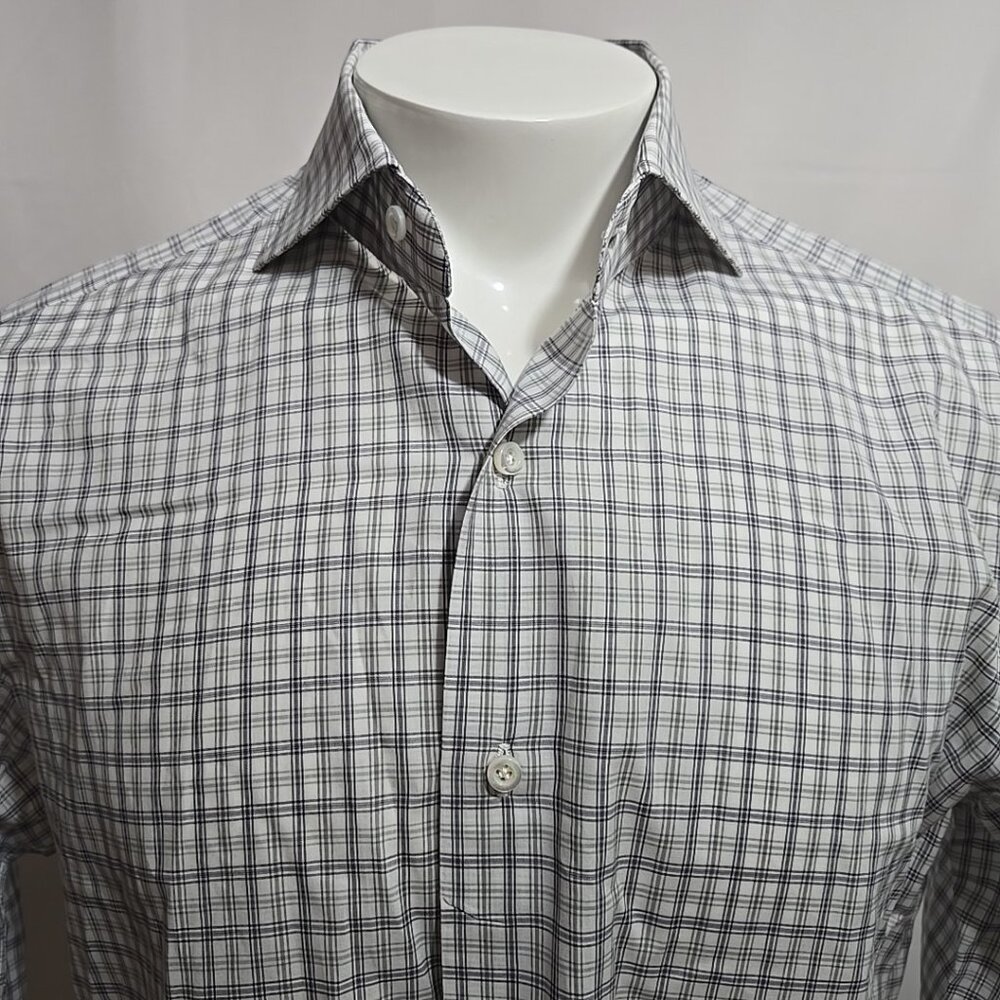ISAIA Napoli Dress Shirt Men Size 16 x 41 Check Plaid 100% Cotton Made in Italy